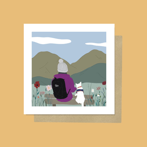 *** SALE *** Adventure Greeting Card - Hiker, Puppy, Wildflowers and Mountains